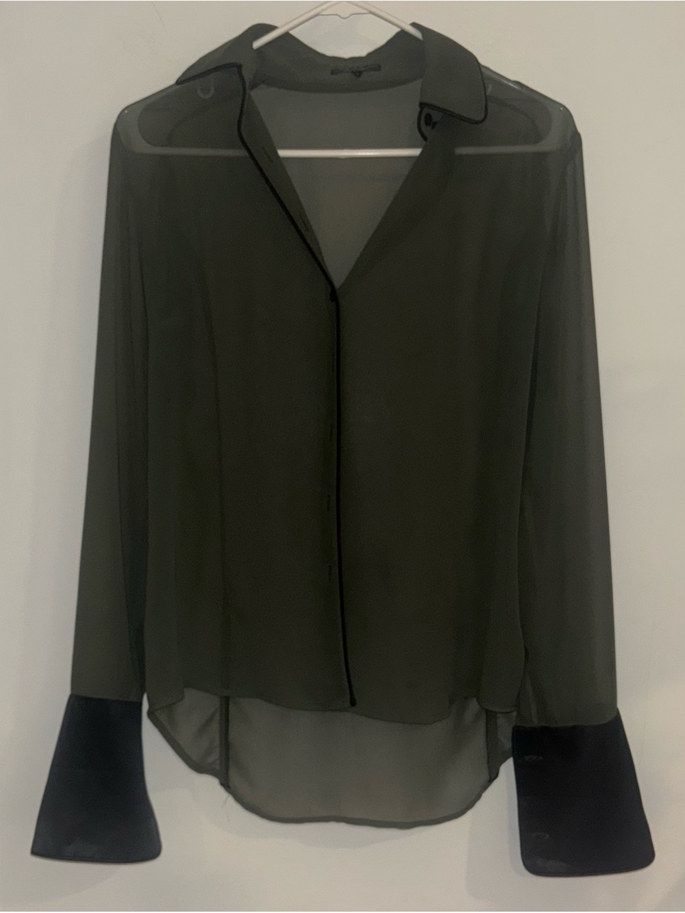 rag & bone Olive Green Sheer Button-Down Blouse with Black Cuffs